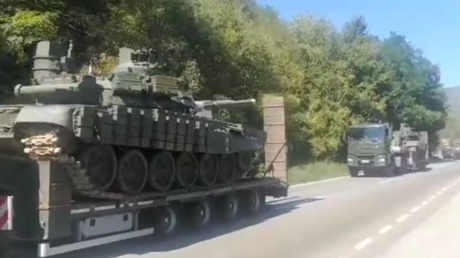 A still from a social media video shows Serbian tanks transported near Kosovo border.