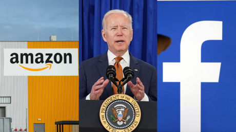 Joe Biden, seen between Amazon and Facebook's logos © Reuters / Thilo Schmuelgen, Kevin Lamarque, and Regis Duvignau