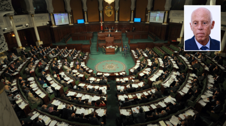 FILE PHOTO. Tunisian MPs attend a parliament session to vote on a new government in Tunis. © AFP / FETHI BELAID; (inset) Kais Saied. © AFP / ANIS MILI