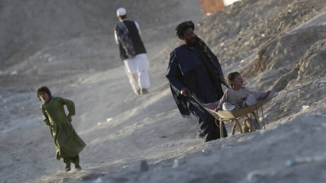 FILE PHOTO: An internally displaced Afghan boy sits in a handcart pushed by his father at a refugee camp in Kabul, Afghanistan.