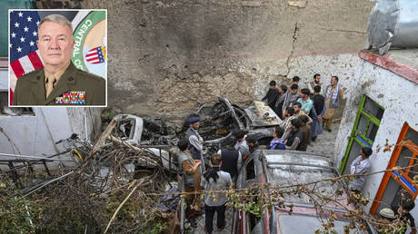 Afghan residents and family members of the victims gather next to a damaged vehicle inside a house, day after a US drone airstrike in Kabul on August 30, 2021.
© WAKIL KOHSAR / AFP; (inset) General Kenneth F. McKenzie © Wikipedia