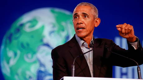 Former President Barack Obama is shown speaking at COP26 on Monday in Glasgow.