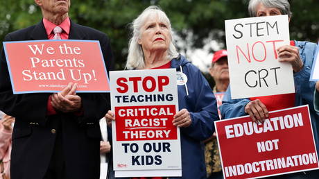 File photo: Protest outside the Loudoun County School Board headquarters in Ashburn, Virginia, June 22, 2021.